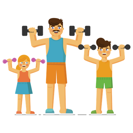 Kids lifting dumbbells with father  Illustration