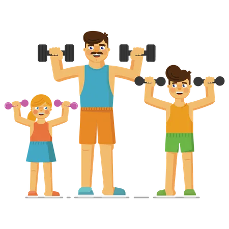 Kids lifting dumbbells with father  Illustration