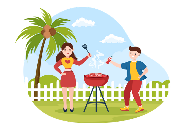 Kids making barbeque at park  Illustration