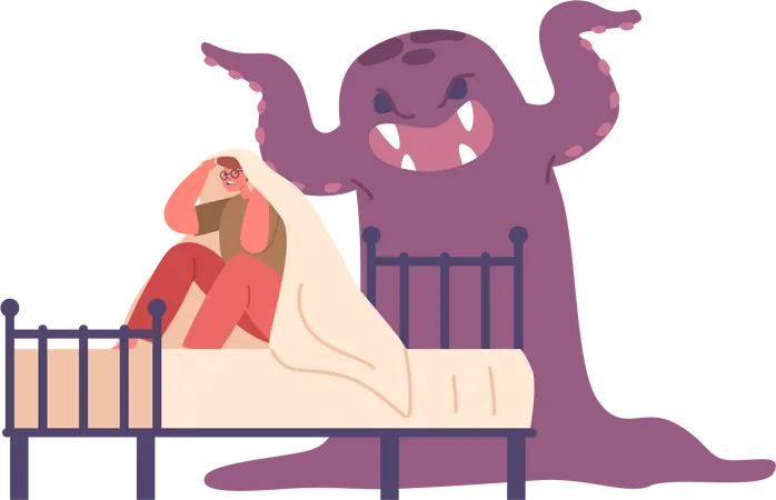 Kids Nightmare Terrified Phobia Little Scared Trembling Boy Sit On Bed Under Blanket Hiding From Frightening Ghost Fearful Kid Character And Imaginary Monster Cartoon People Vector Illustration Illustration