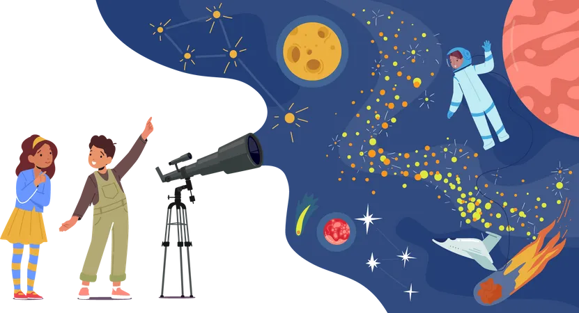Kids observe outer space world using telescope  Illustration