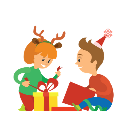 Kids opening christmas gifts Illustration