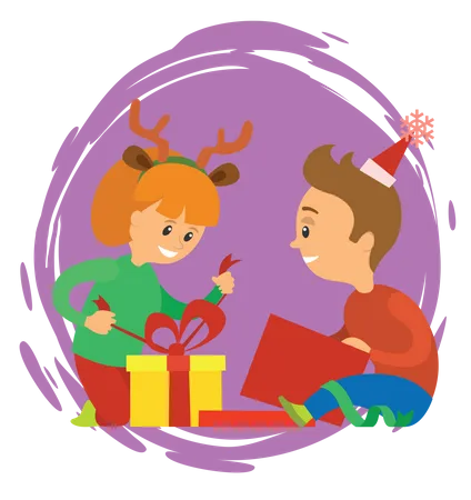 Kids opening christmas gifts Illustration