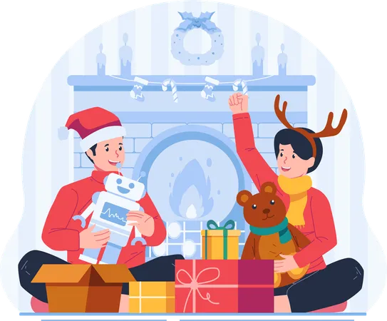 Kids Opening Christmas Gifts Near A Warm Cozy Fireplace Merry Christmas And Happy New Year Concept Illustration Illustration