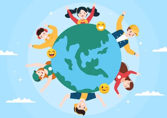 Kids over globe celebrate world smile day  Illustration