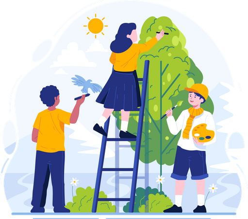 Kids painting and drawing on wall  イラスト