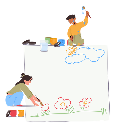 Kids Painting On Paper Sheet Lying On Floor  Illustration