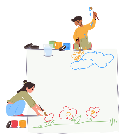 Kids Painting On Paper Sheet Lying On Floor  イラスト