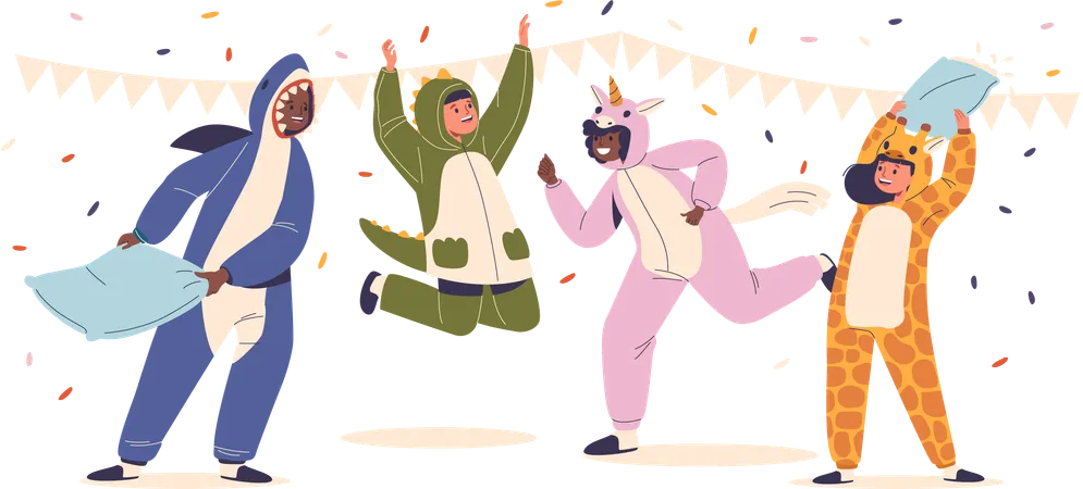 Kids Pajamas Party Smiling Boys And Girls In Kigurumi Unicorn Shark Dinosaur And Giraffe Animal Overalls Friends Fight On Pillows Rejoice And Jump With Flying Confetti And Garlands Around Vector Illustration
