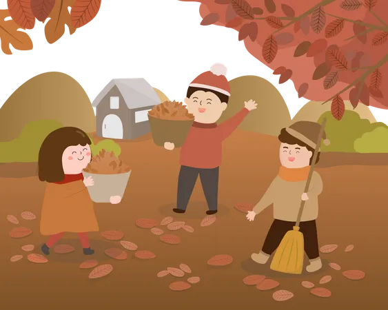 Kids planting a tree and son sweeping leaves Illustration