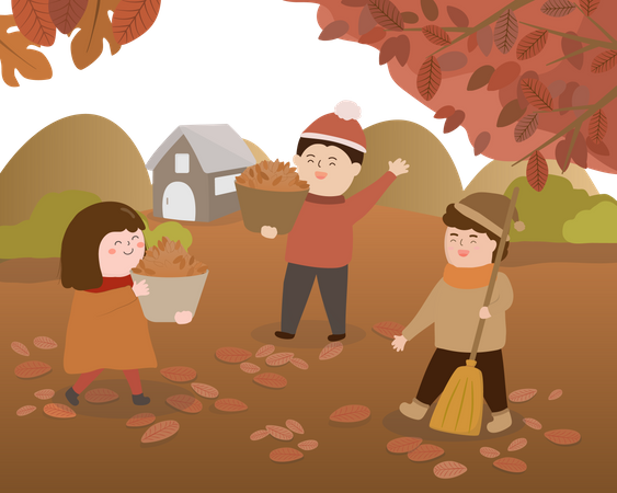 Kids planting a tree and son sweeping leaves  Illustration