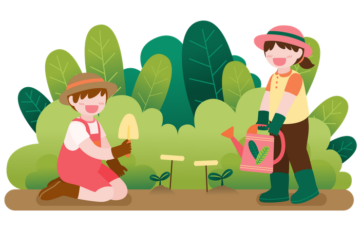 Kids Planting and Watering Tree on garden Illustration