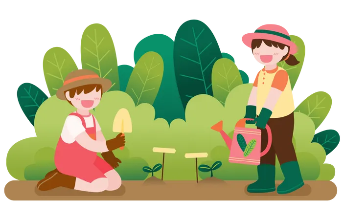Kids Planting and Watering Tree on garden Illustration