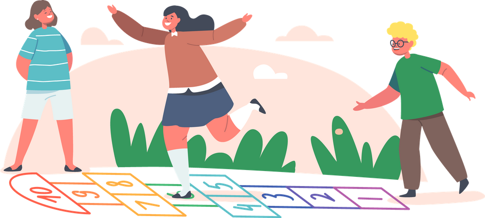 Kids Play Hopscotch Game at House Yard  Illustration