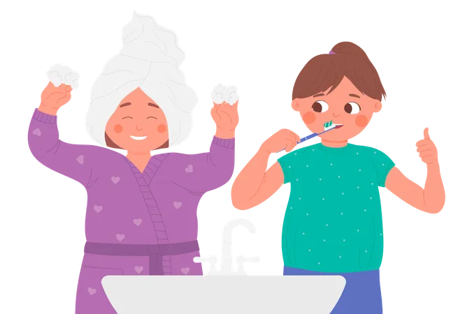 Kids Play In Home Bathroom Children Brush Teeth Vector Illustration Cartoon Cute Girls Playing Together During Daily Fun Hygiene Routine Child Character Holding Soap Foam Bubbles Background Illustration
