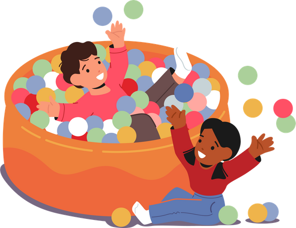 Kids play in pool filled with colorful balls Illustration