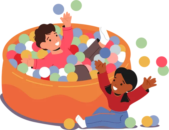 Kids play in pool filled with colorful balls Illustration