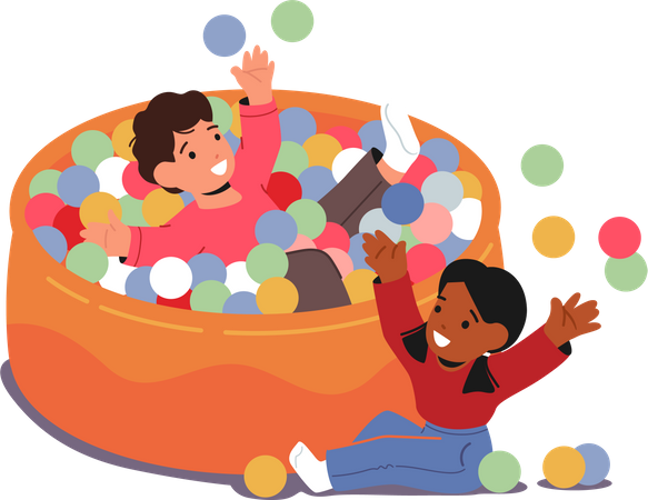 Kids play in pool filled with colorful balls  Illustration