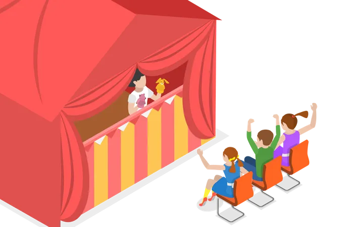 3 D Isometric Flat Vector Conceptual Illustration Of Kids Play Sock Puppets Theater With Hand Dolls Illustration