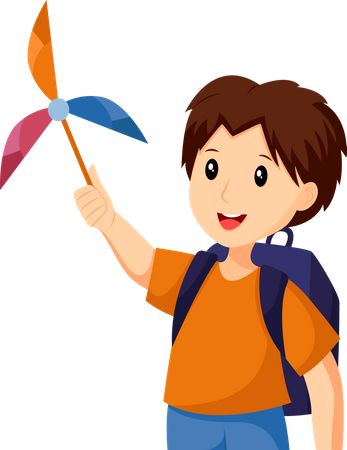 Kids Play with paper windmill  イラスト