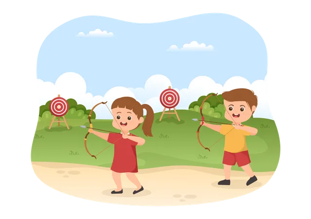 Archery Sport With Kids Bow And Arrow Pointing At Target For Outdoor Recreational Activity In Flat Cartoon Hand Drawn Template Illustration Illustration