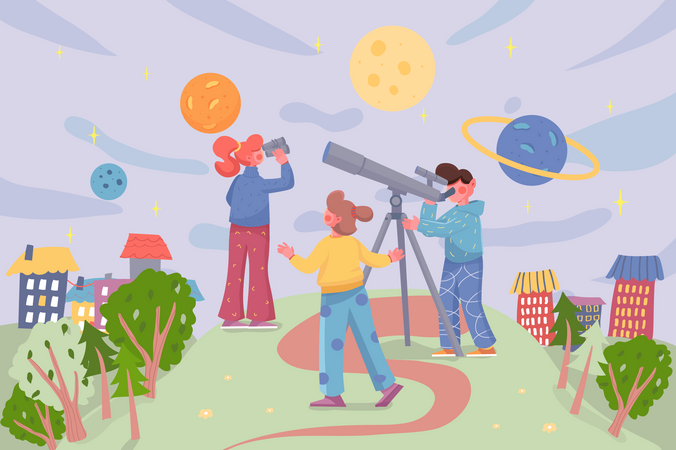 Kids playing astronauts at cityscape background Illustration