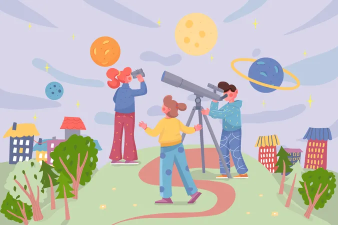 Kids Playing Astronauts At Cityscape Background Boy And Girls Exploring Space Looking Through Telescope Or Binoculars At Sky With Planets And Stars Scene Vector Illustration In Flat Cartoon Design Illustration