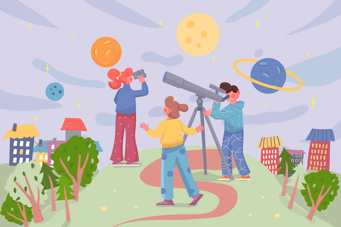 Kids playing astronauts at cityscape background  Illustration