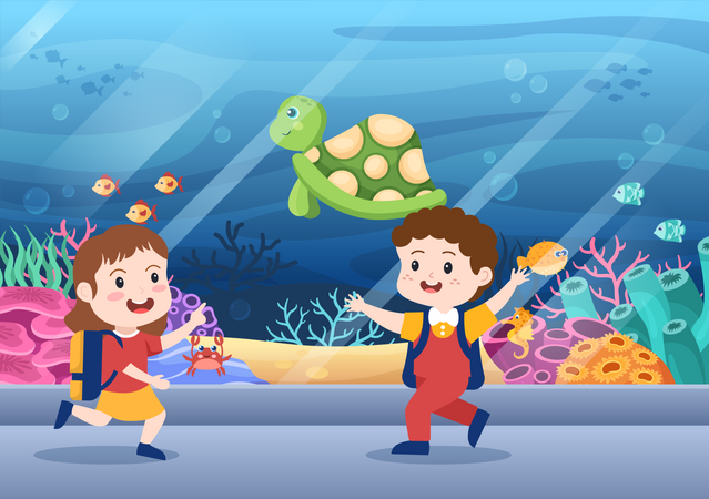Kids playing at aquarium  일러스트레이션