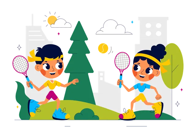 Kids playing badminton in park  Illustration