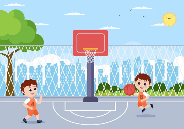 Kids Playing Basketball Illustration