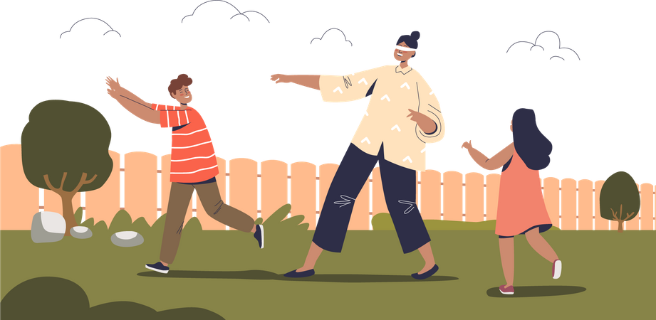 Kids playing blindfolded game outdoors Illustration