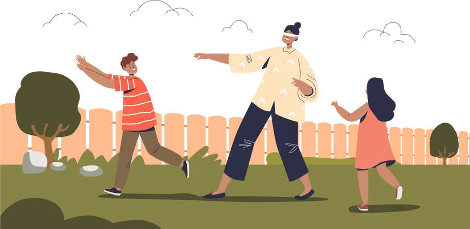 Kids playing blindfolded game outdoors  Illustration