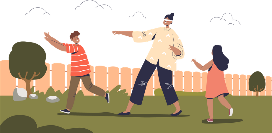 Kids playing blindfolded game outdoors  Illustration