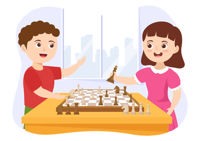 Kids Playing Chess Board Game Illustration