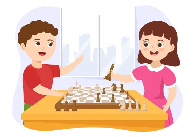 Kids Playing Chess Board Game Illustration