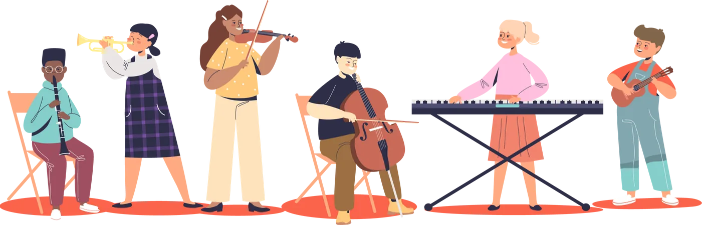 Kids playing different music instruments Illustration