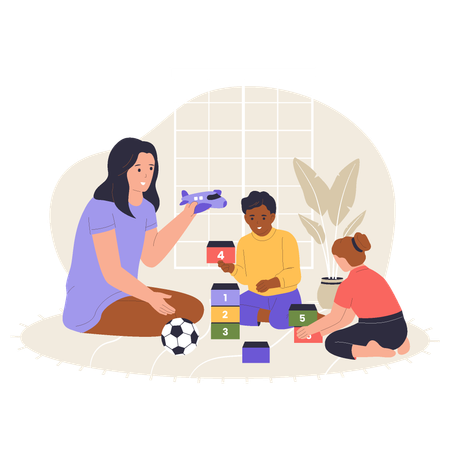 Kids Playing Educational Toys and Parent Supervision  Illustration