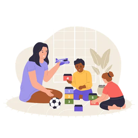 Kids Playing Educational Toys and Parent Supervision  Illustration