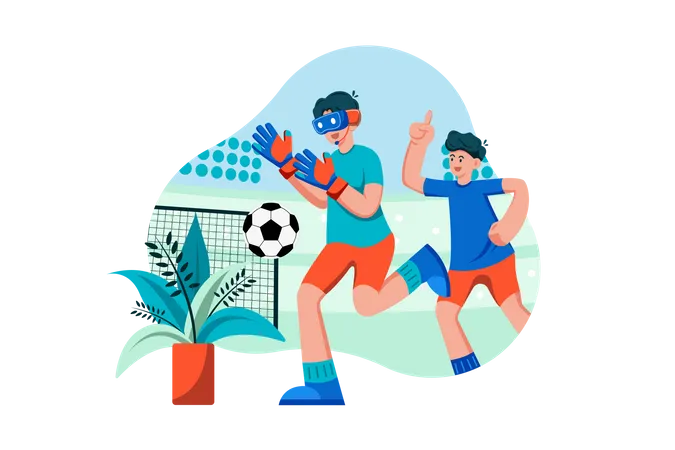 Kids playing football game in metaverse  Illustration