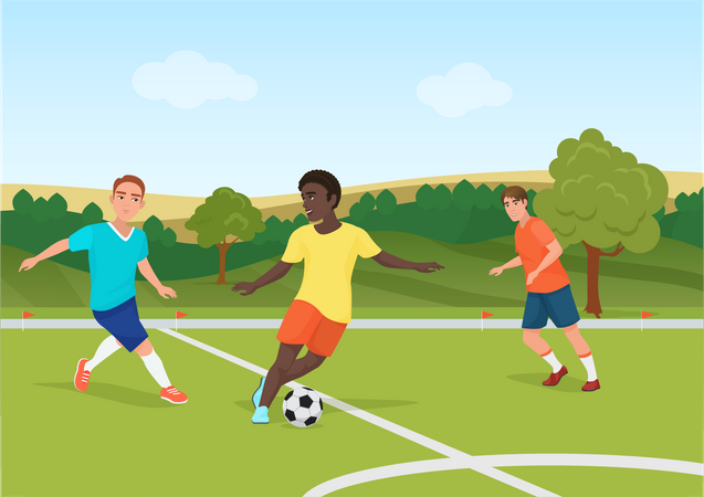 Kids playing football in park Illustration
