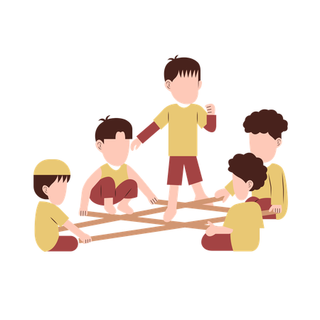 竹の棒で遊ぶ子供たち  イラスト