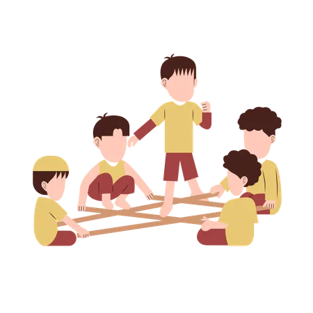 Kids playing game with bamboo rods  Illustration