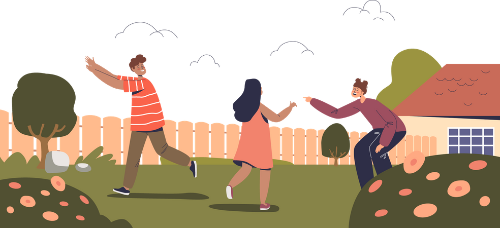 Kids playing games in the backyard  Illustration