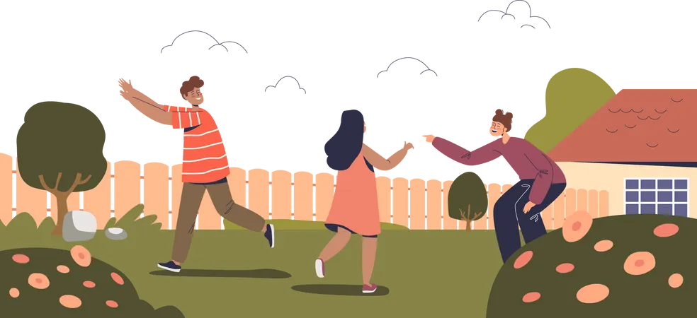 Kids playing games in the backyard  Illustration