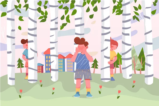 Kids playing in birches Illustration