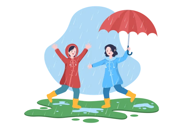 Kids playing in rain Illustration