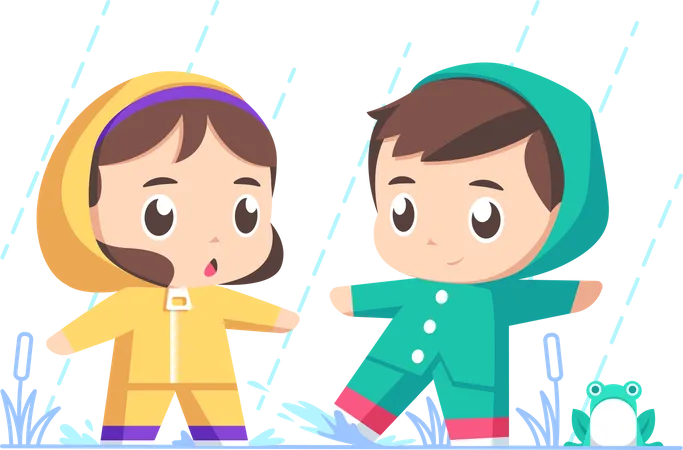 Kids playing in rain  Illustration