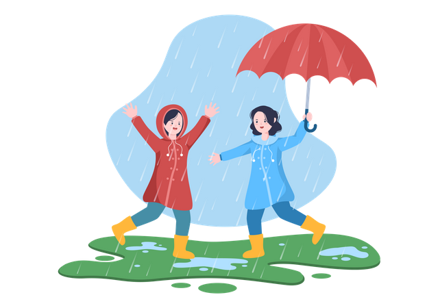 Kids playing in rain  Illustration