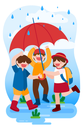 Kids playing in rain out side home  Illustration